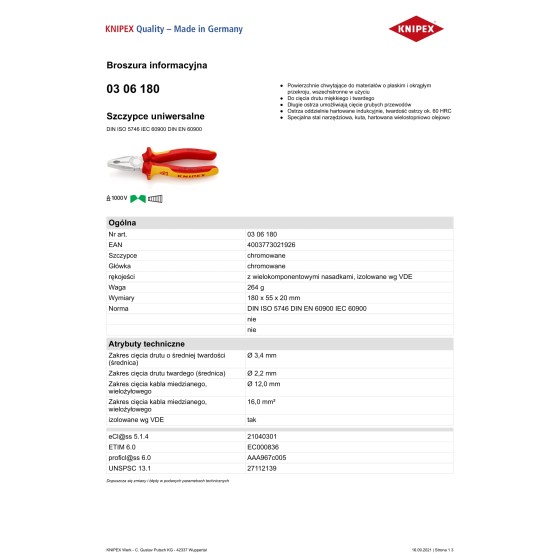 SZCZYPCE UNIWERSALNE IZOLOWANE VDE 180MM - 03 06 180.