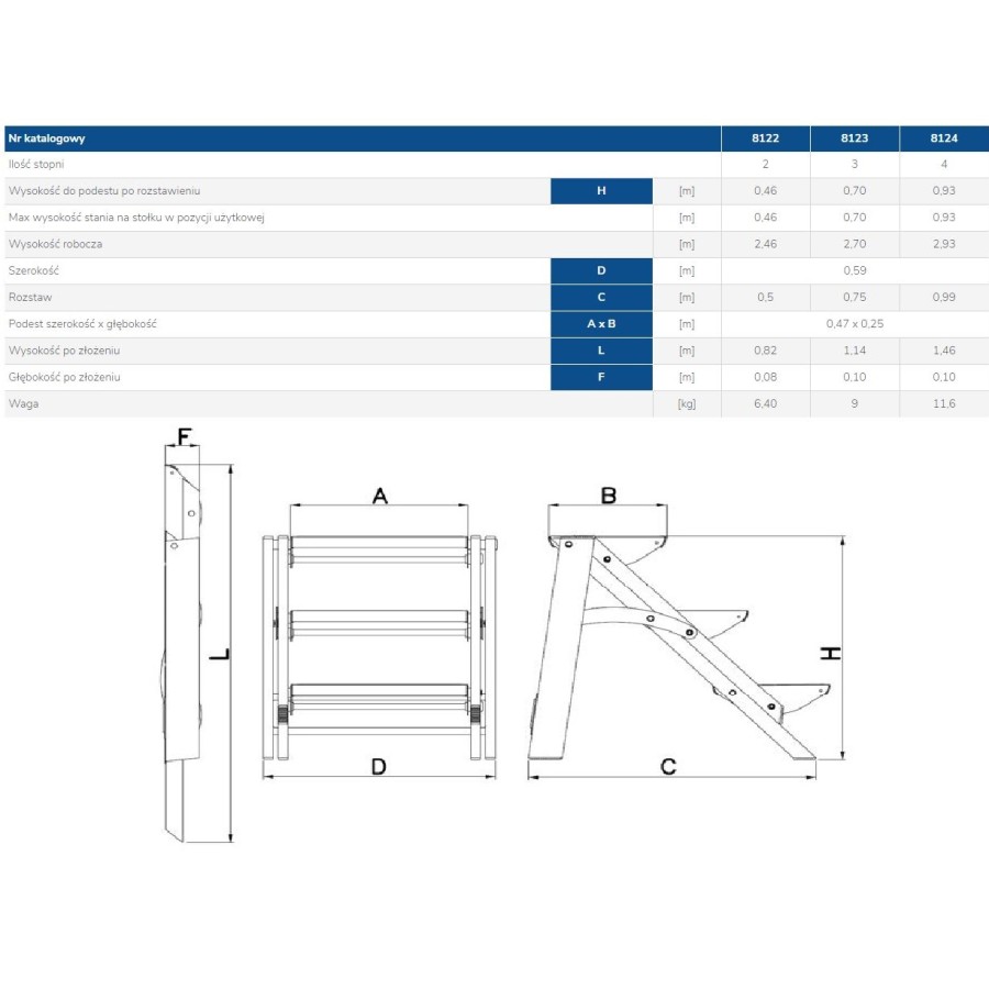 SCHODKI SKŁADANE 70CM 3 STOPNIE 8123 