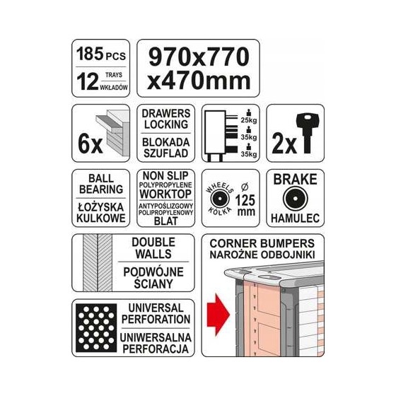 SZAFKA SERWISOWA NA KÓŁKACH + NARZEDZIA 185 CZĘŚCI - YT-55307.