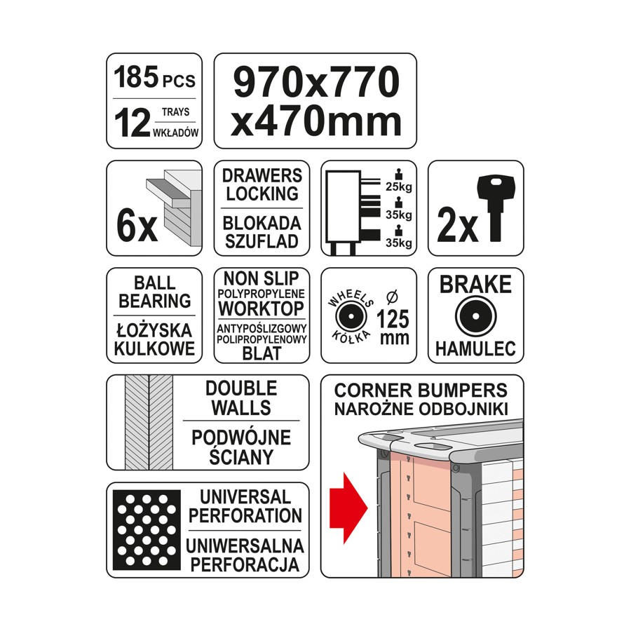 SZAFKA SERWISOWA NA KÓŁKACH + NARZEDZIA 185 CZĘŚCI - YT-55307.