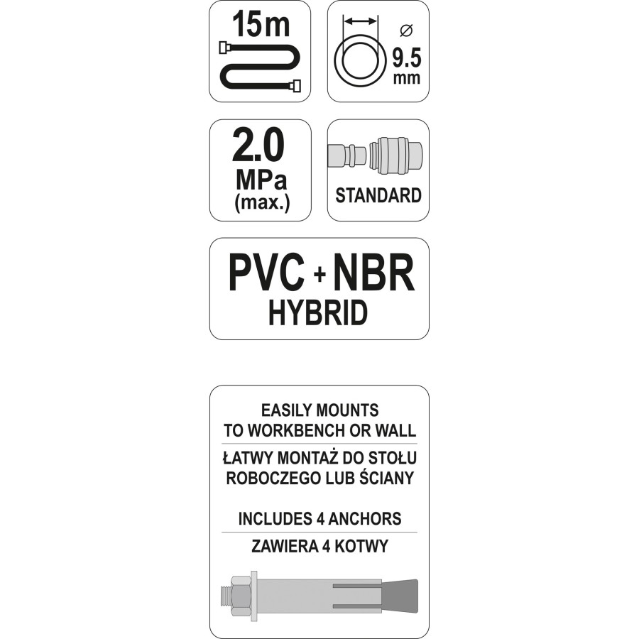 PRZEWÓD PNEUMATYCZNY HYBRYDOWY NA ZWIJAKU 9.5MM 15M - YT-24241.