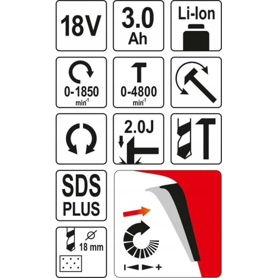 MŁOTOWIERTARKA SDS PLUS 18V 3.0AH W BMC - YT-82770.