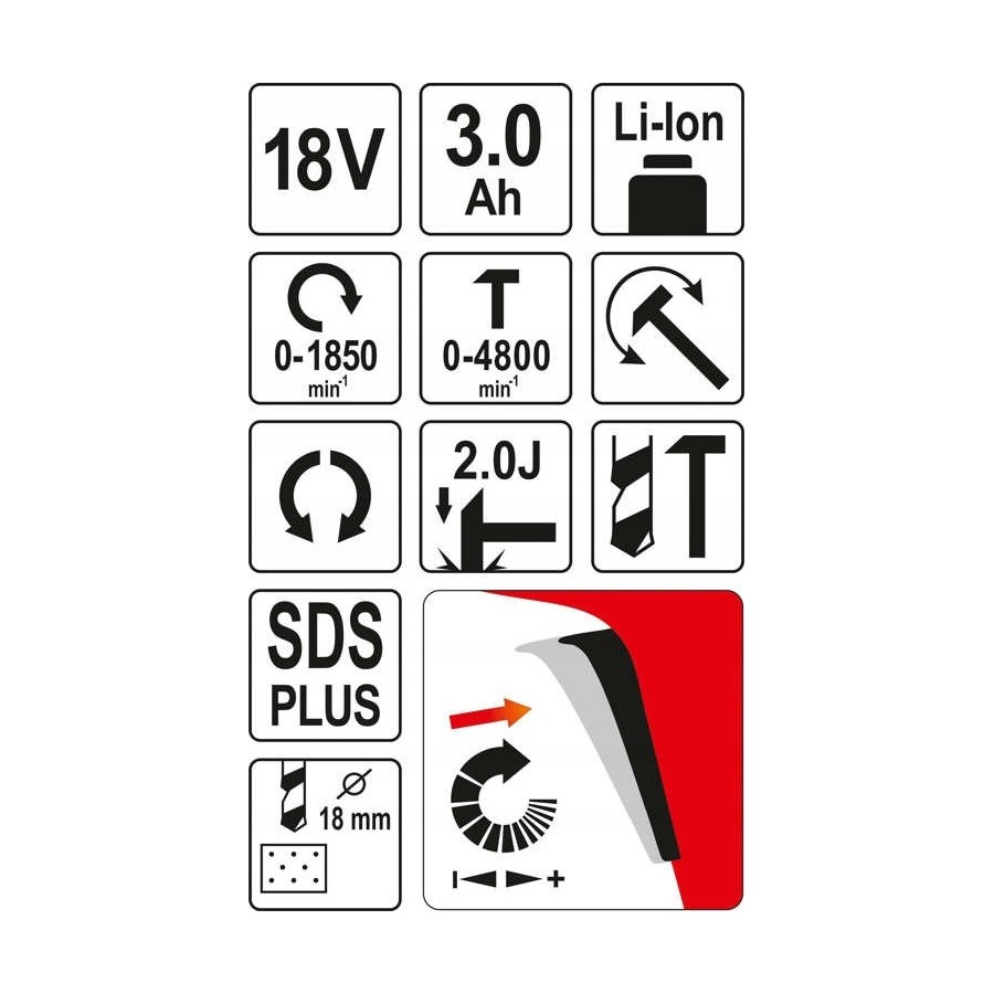 MŁOTOWIERTARKA SDS PLUS 18V 3.0AH W BMC - YT-82770.