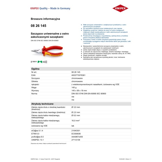 SZCZYPCE UNIWERSALNE Z OSTRO ZAKOŃCZONYMI SZCZĘKAMI PCV145MM - 08 26 145.