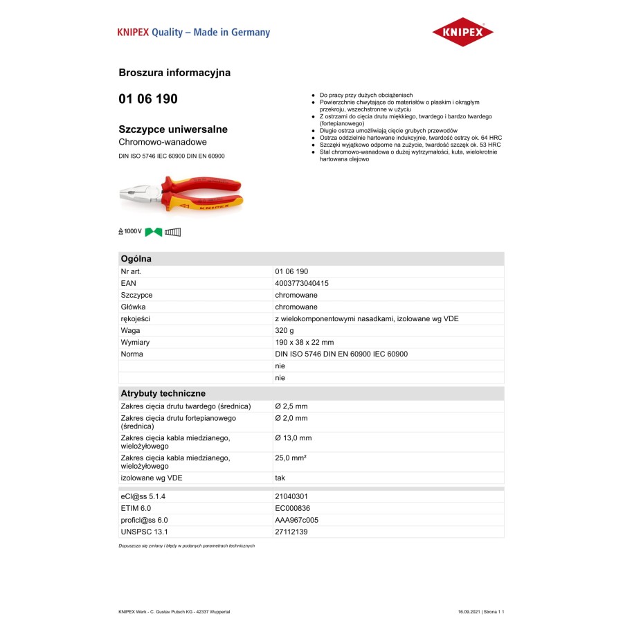 SZCZYPCE UNIWERSALNE VDE 1000V 190MM - 01 06 190.