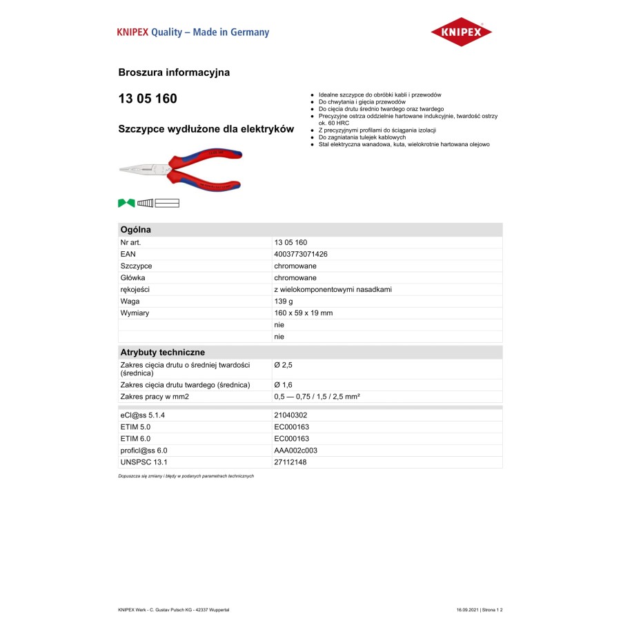 SZCZYPCE WYDŁUŻONE DLA ELEKTRYKÓW 160MM - 13 05 160.