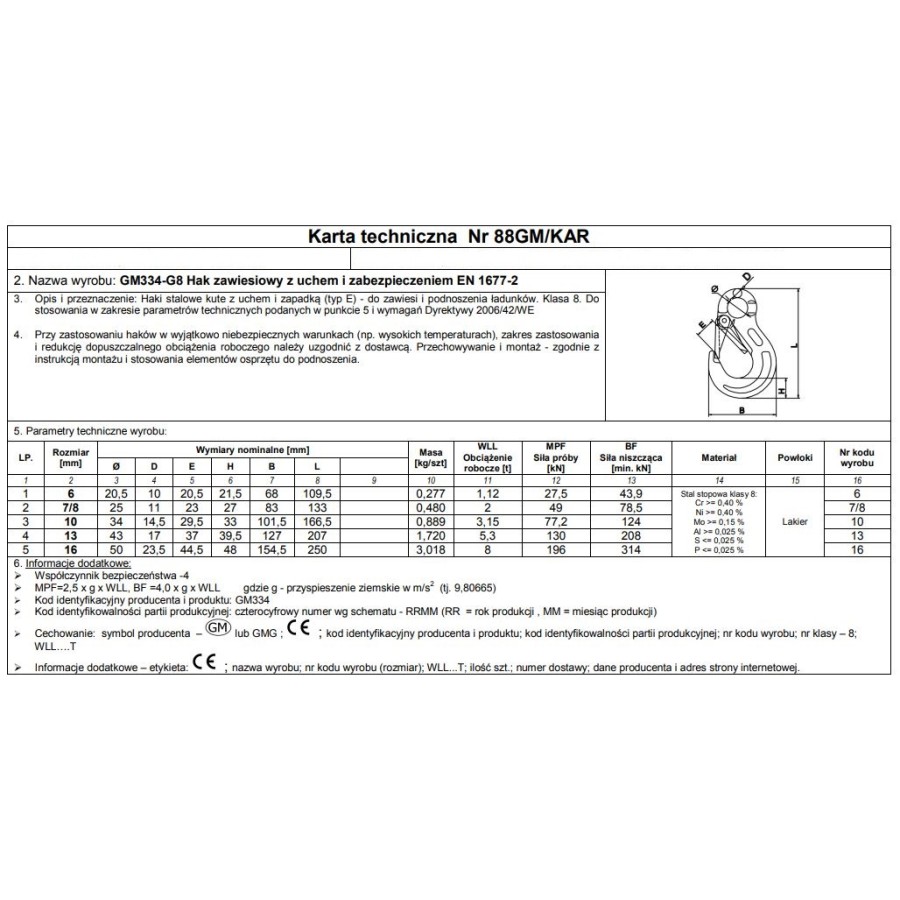 HAK ZAWIESIOWY Z UCHEM I ZABEZPIECZENIEM G8 10MM WLL 3.15T 