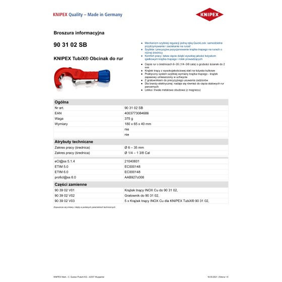 OBCINAK DO RUR 6–35 (1/4–3/8'') O GRUBOŚCI ŚCIANEK DO 2MM - 90 31 02 SB.