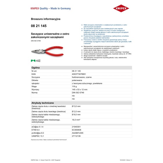 SZCZYPCE UNIWERSALNE Z OSTRO ZAKOŃCZONYMI SZCZĘKAMI PCV 145M - 08 21 145.