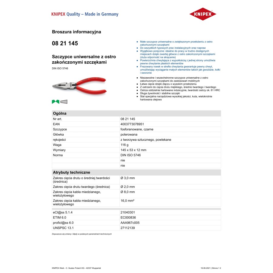 SZCZYPCE UNIWERSALNE Z OSTRO ZAKOŃCZONYMI SZCZĘKAMI PCV 145M - 08 21 145.