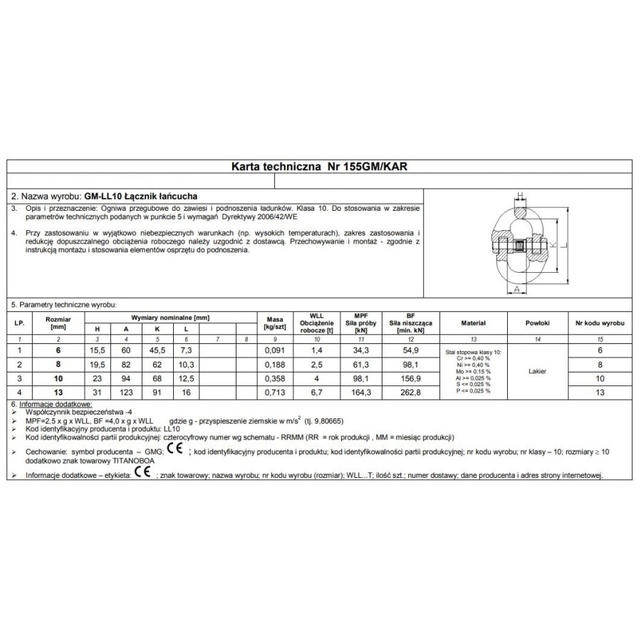 OGNIWO PRZEGUBOWE GM-LL G10 13MM WLL 6.7T 