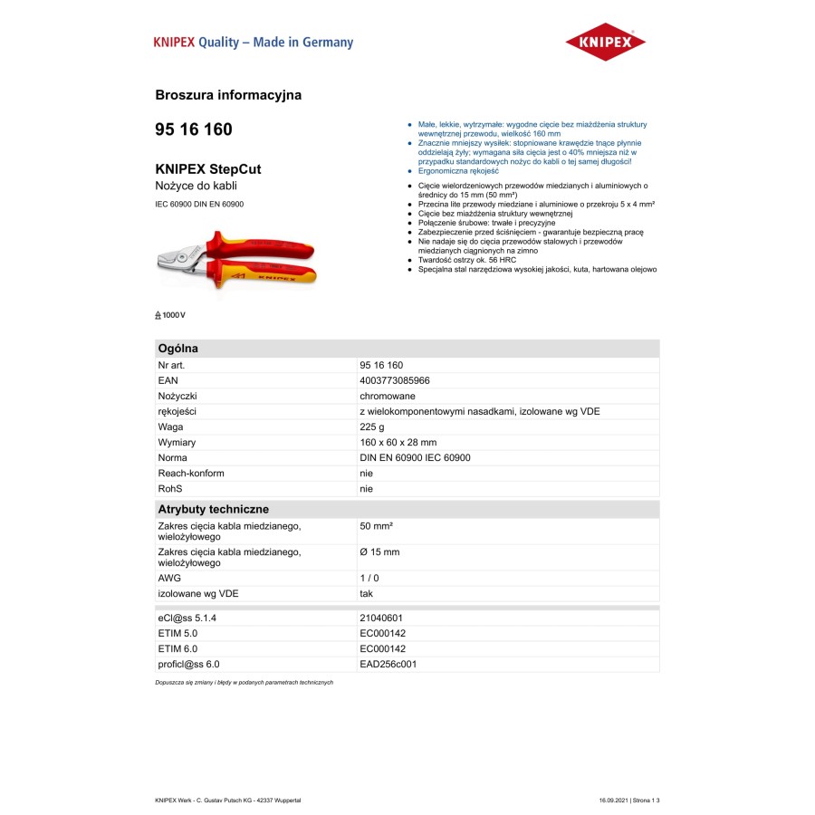 NOŻYCE DO KABLI IZOLOWANE 1000V 160MM 