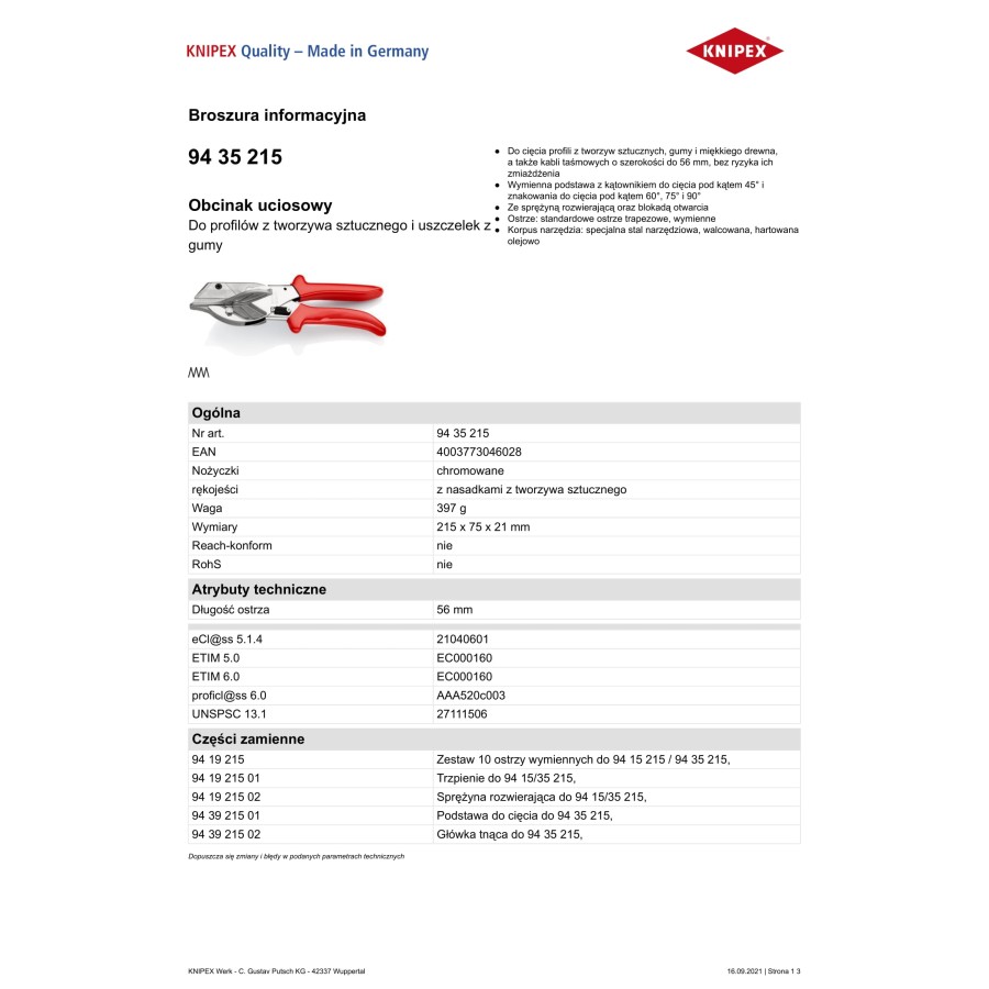 OBCINAK UCIOSOWY DO PROFILI Z TWORZYWA SZTUCZNEGO 215MM - 94 35 215.