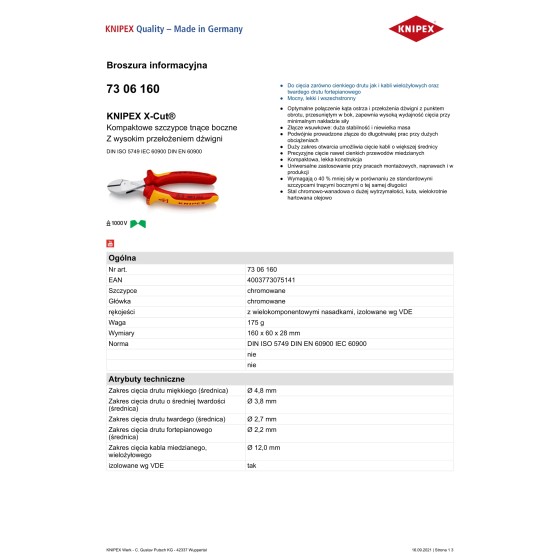 SZCZYPCE TNĄCE BOCZNE X-CUT 160MM,WYSOKIE PRZEŁOŻENIE DŹWIGN - 73 06 160.