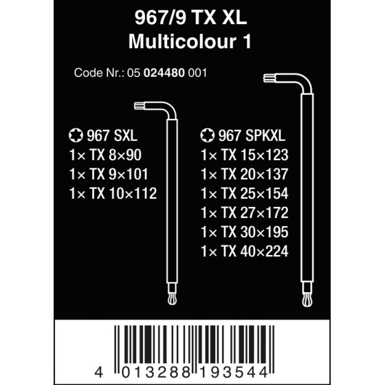 ZESTAW KLUCZY TRZPIENIOWYCH TORX 967/9 TX XL MULTIC TX8-TX40 - 05024480001.