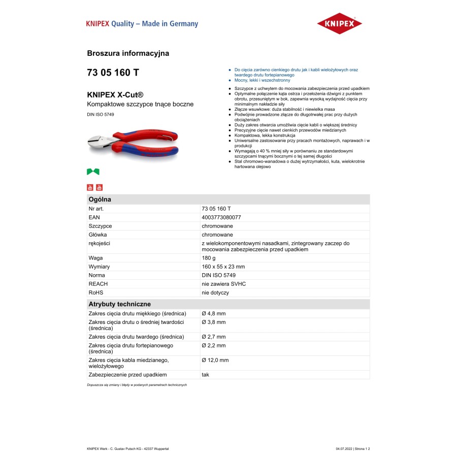 KOMPAKTOWE SZCZYPCE TNĄCE BOCZNE X-CUT 160MM - 73 05 160 T.