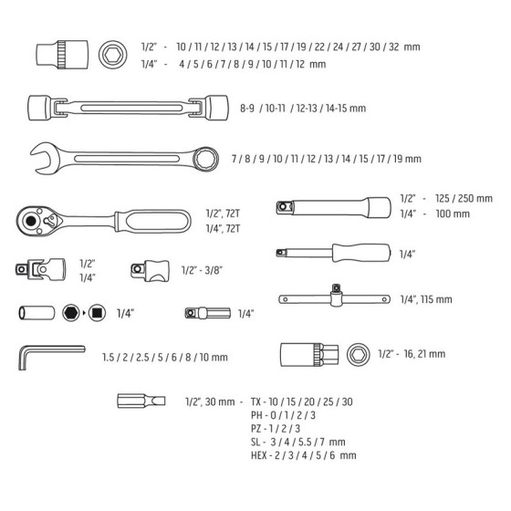 ZESTAW KLUCZY NASADOWYCH 1/4'',1/2'' 77 CZĘŚCI CRV - 08-915.