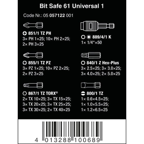 ZESTAW BITÓW BIT-SAFE + WKRĘTAK 1/4'', 61 CZĘŚCI - 05057122001.