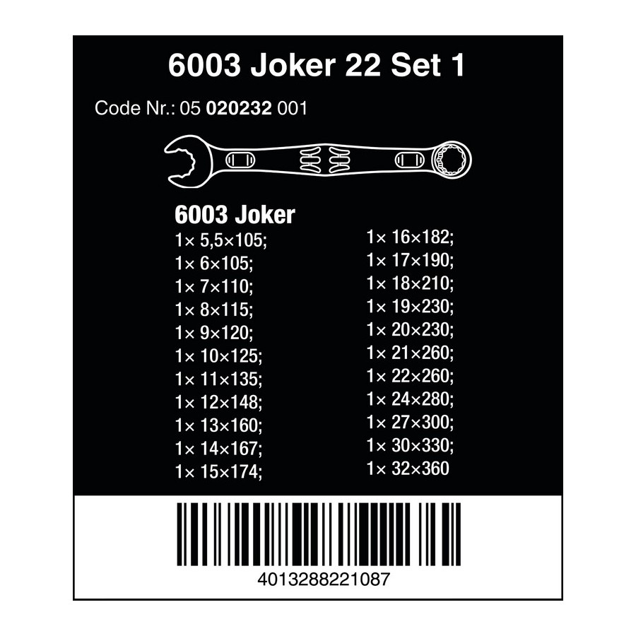 ZESTAW KLUCZY PŁASKO-OCZKOWYCH 6003 JOKER 22 SET 1, 22SZT. 