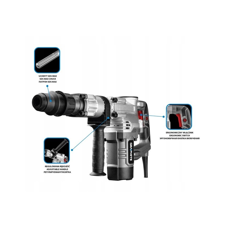 MŁOT WYBURZENIOWY KUJĄCY SDS MAX 1300W, UDAR 20J WALIZKA - 58G877.