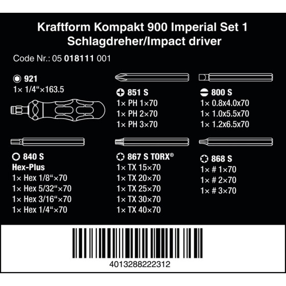 WKRĘTAK UDAROWY KRAFTFORM KOMPAKT 900 IMPERIAL, SET 1, 19CZ. - 05018111001.