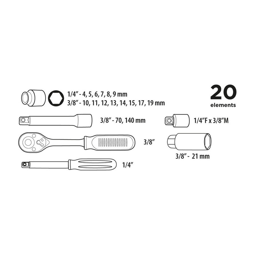 ZESTAW KLUCZY NASADOWYCH 1/4'', 3/8'' 20 EL. 