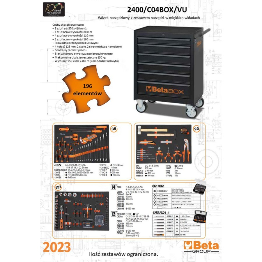 WÓZEK NARZĘDZIOWY Z 6 SZUFLADAMI CZARNY C04BOX+196 NARZĘDZI 