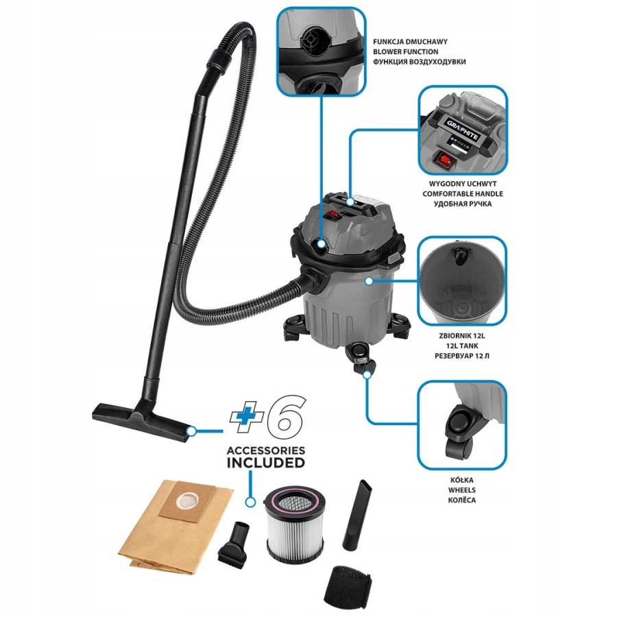 ODKURZACZ WARSZTATOWY ENERGY+ 18V LI-LON, ZBIORNIK 12L - 58GE133.