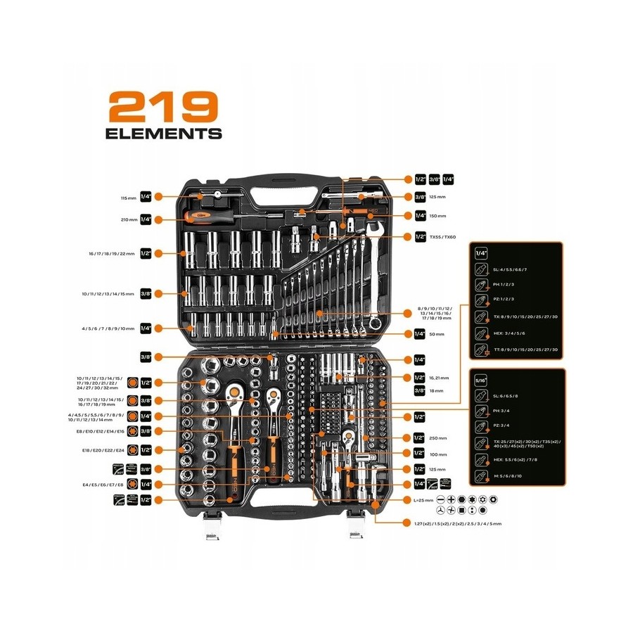 ZESTAW KLUCZY NASADOWYCH 1/2'',3/8'',1/4'' 219 CZĘŚCI - 10-076.