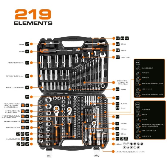 ZESTAW KLUCZY NASADOWYCH 1/2'',3/8'',1/4'' 219 CZĘŚCI - 10-076.
