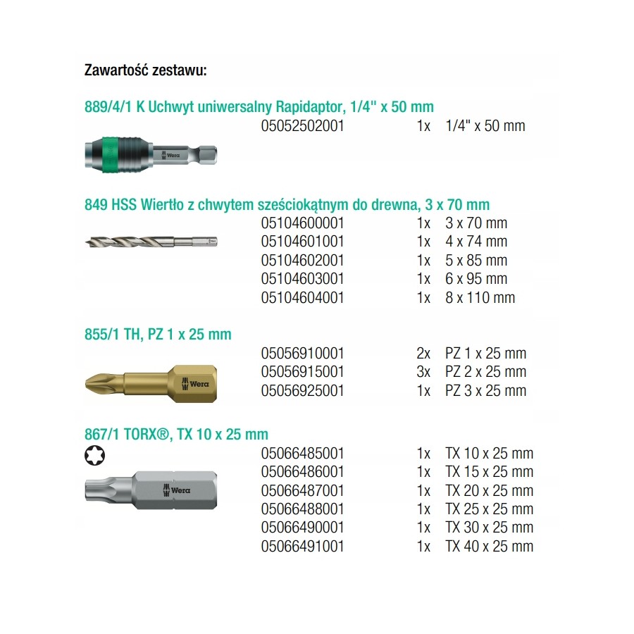 ZESTAW BITÓW I WIERTEŁ DO DREWNA W ETUI, 18CZ - 05104653001.