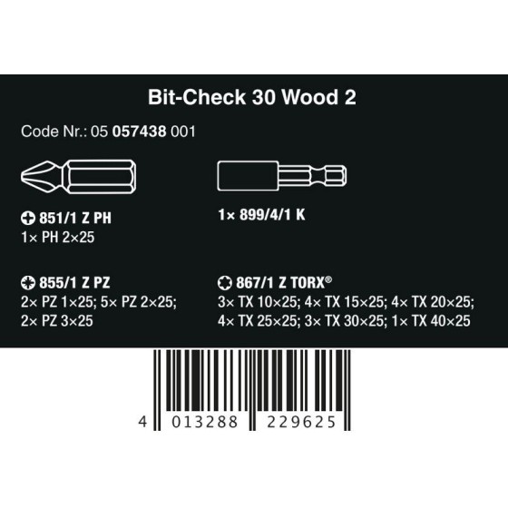 ZESTAW BITÓW BIT-CHECK 30 WOOD 2 SB, 30 CZ. - 05057438001.