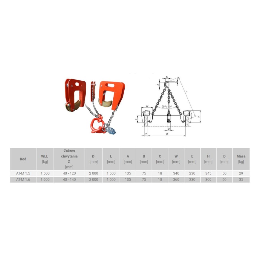 ZAWIESIE ŁAŃCUCHOWE 3-CIĘGNOWE 6-8 1.5M WLL1.6T ZAK.AT-M1.6T