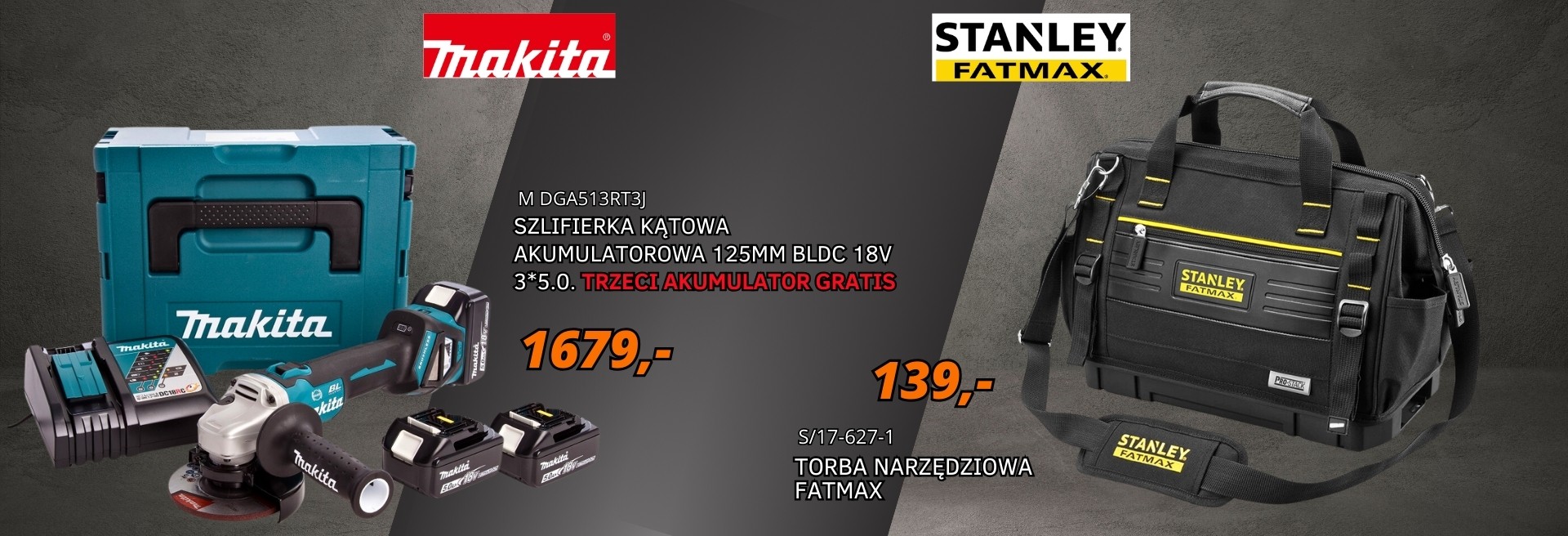 Baner MAKITA Szlifierka akumulatorowa regulacja obrotów 3 akumulatory DGA513 Gratis Torba walizka S